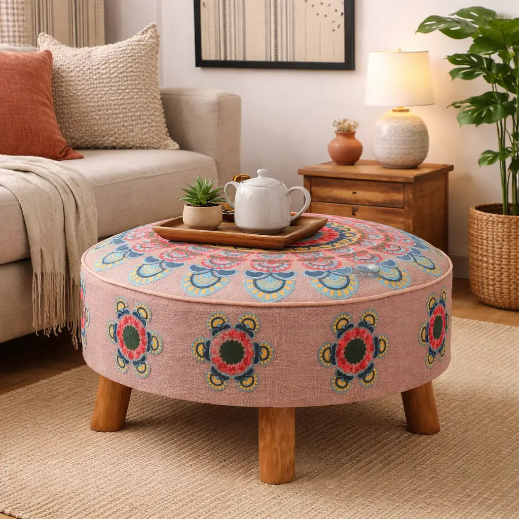 Mandala Slub Ottoman | 24x24x15"| Beige Cotton Fabric