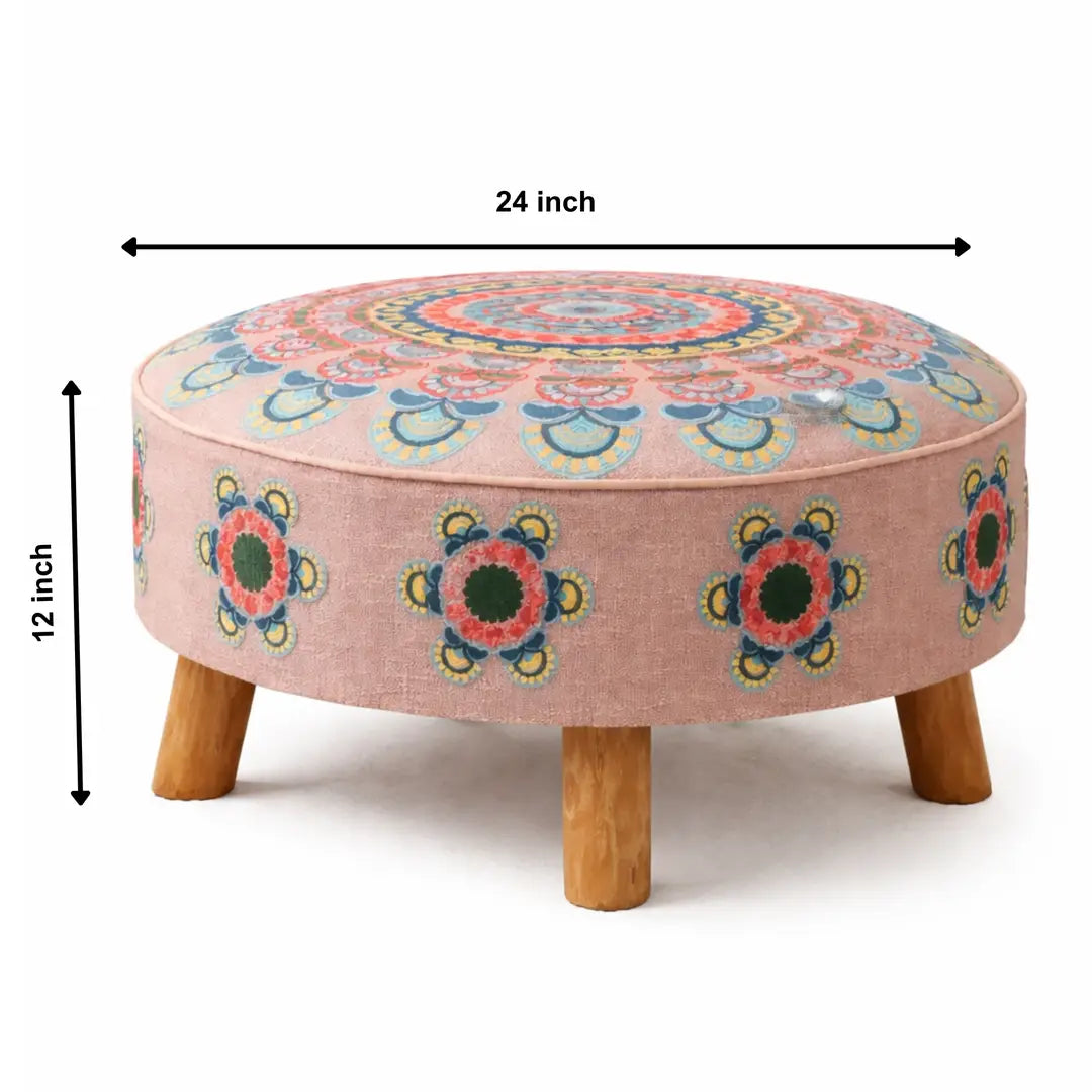 Mandala Slub Ottoman | 24x24x15"| Beige Cotton Fabric