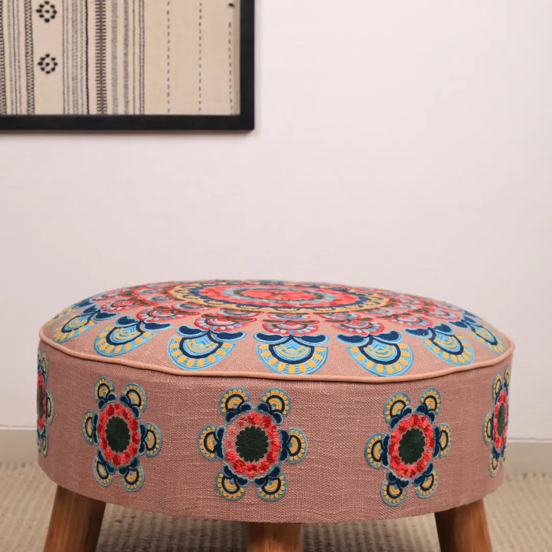 Mandala Slub Ottoman | 24x24x15"| Beige Cotton Fabric