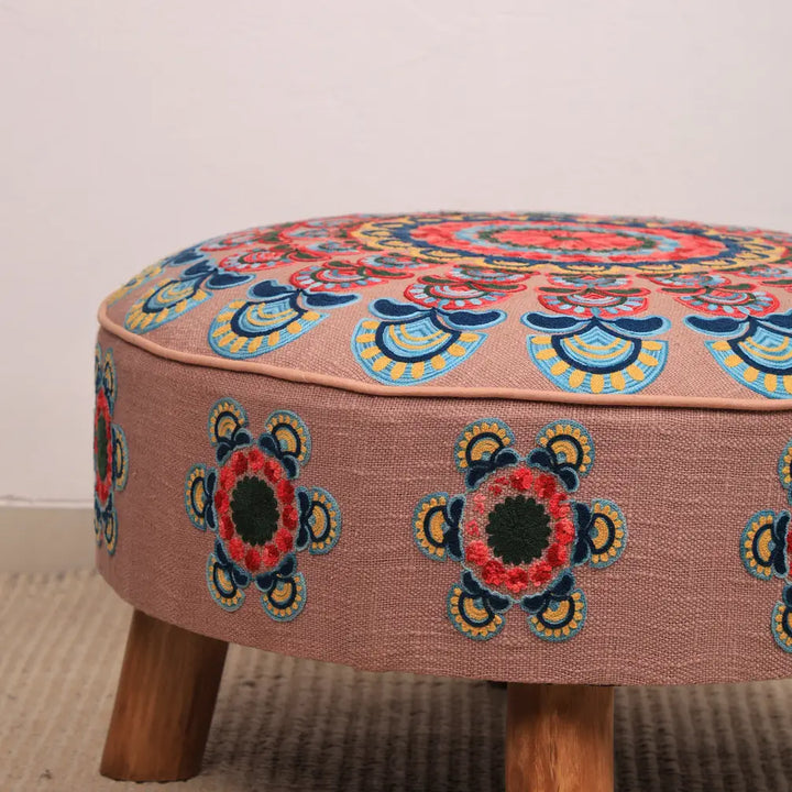 Mandala Slub Ottoman | 24x24x15"| Beige Cotton Fabric
