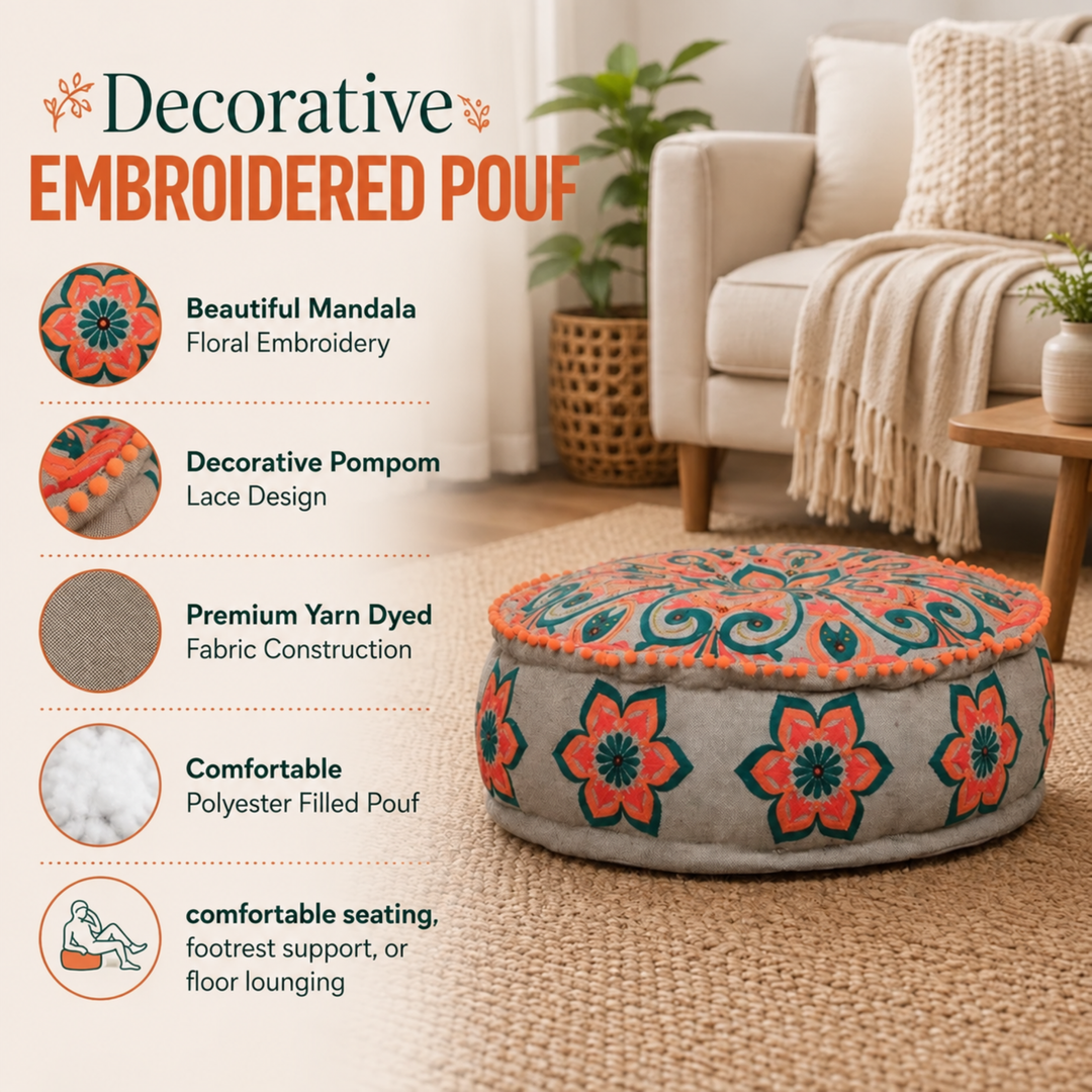 Mandala Pouf with Pompoms | 24x24x8" | Grey | Cotton Fabric