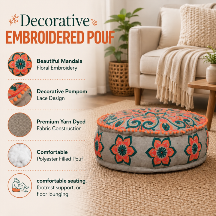 Mandala Pouf with Pompoms | 24x24x8" | Grey | Cotton Fabric