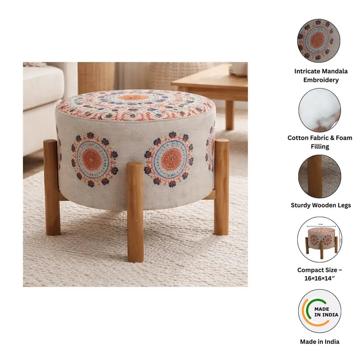 Mandala Design Embroidered Stool | 16x14" | Beige | Cotton