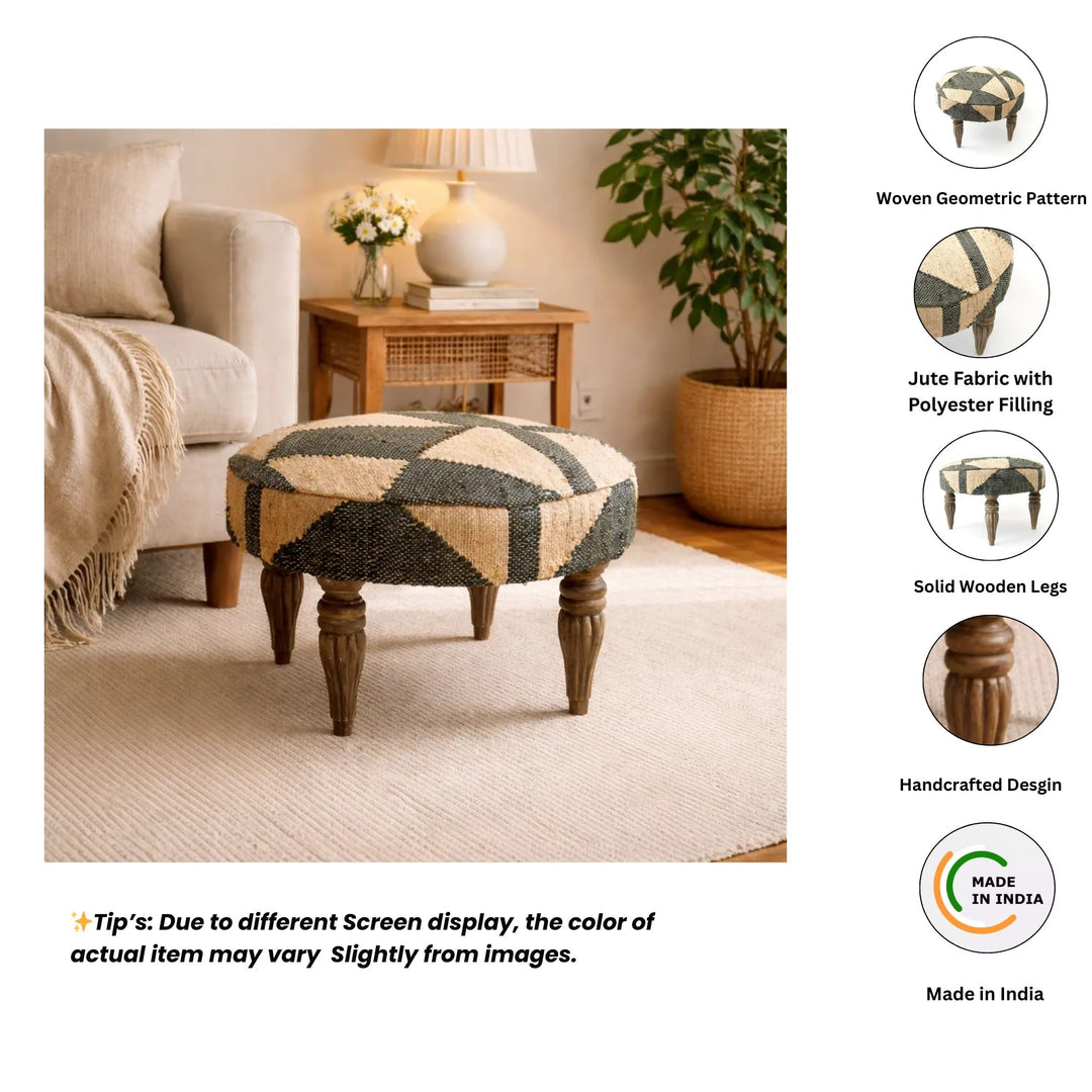 Woven Geometric Pattern Accent Stool | 24x16.5" | Jute Fabric