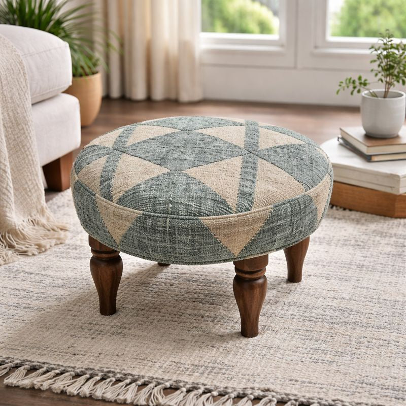 Woven Geometric Pattern Accent Stool | 24x16" | Jute Fabric