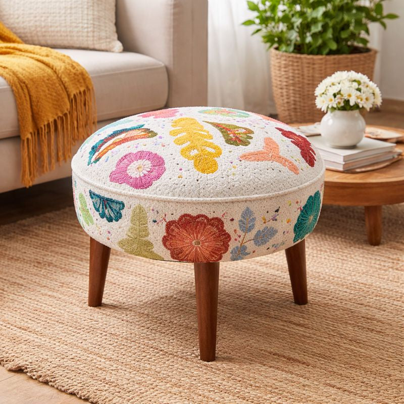 Suzani Patterned Accent Stool | 20x18" | White Cotton Fabric