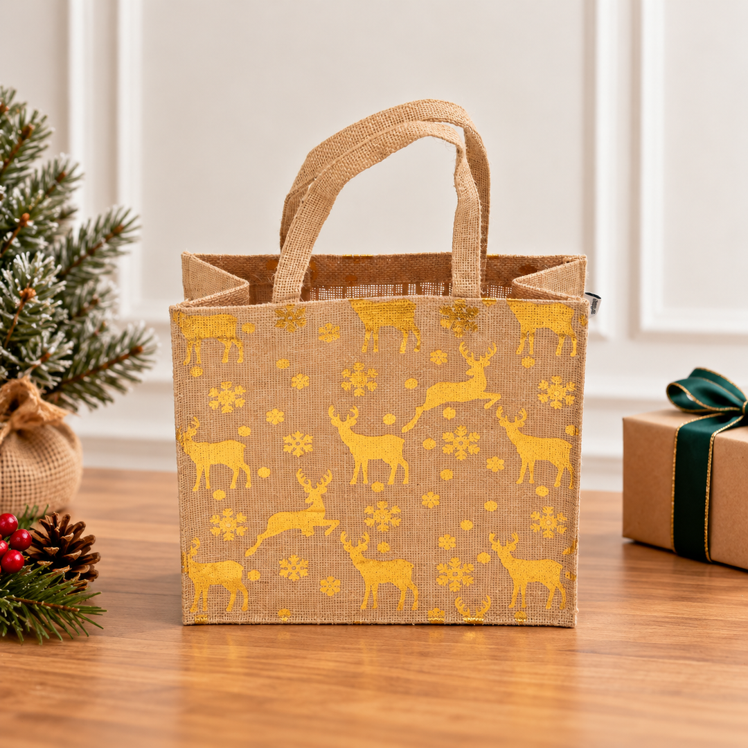 Christmas Gift Bag | Laminated Jute Bag with Metalic Print | Natural