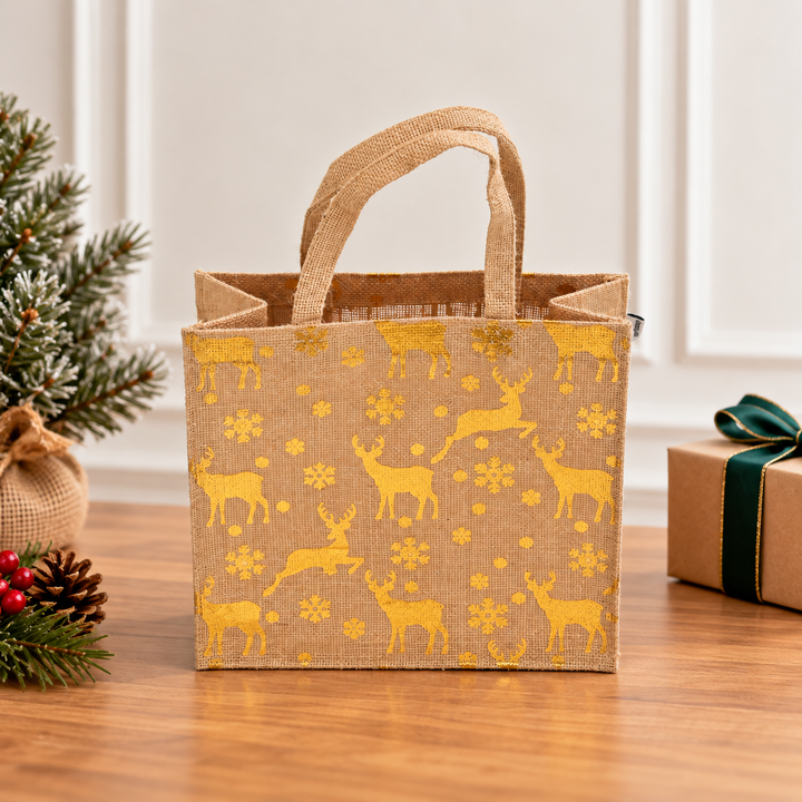 Christmas Gift Bag | Laminated Jute Bag with Metalic Print | Natural