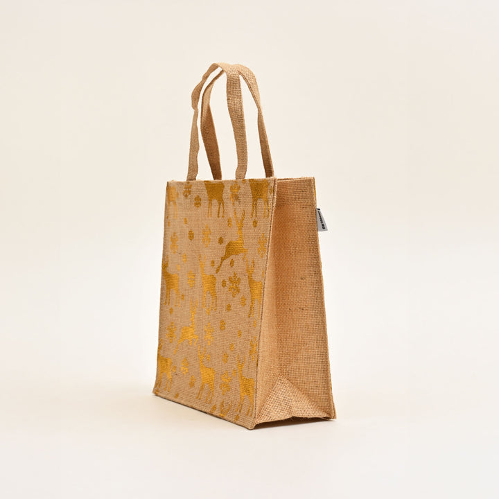 Christmas Gift Bag | Laminated Jute Bag with Metalic Print | Natural