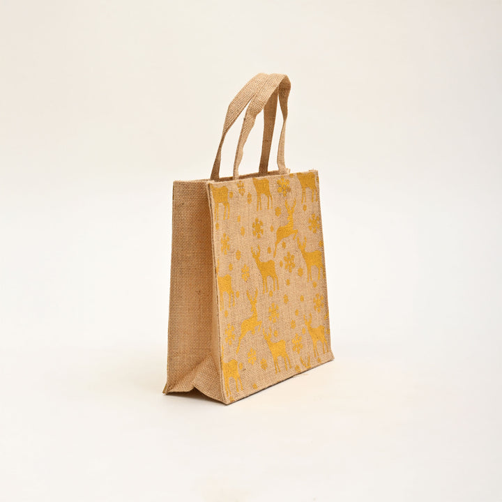 Christmas Gift Bag | Laminated Jute Bag with Metalic Print | Natural
