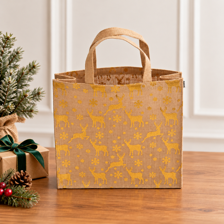 Christmas Gift Bag | Laminated Jute Bag with Metalic Print | Natural