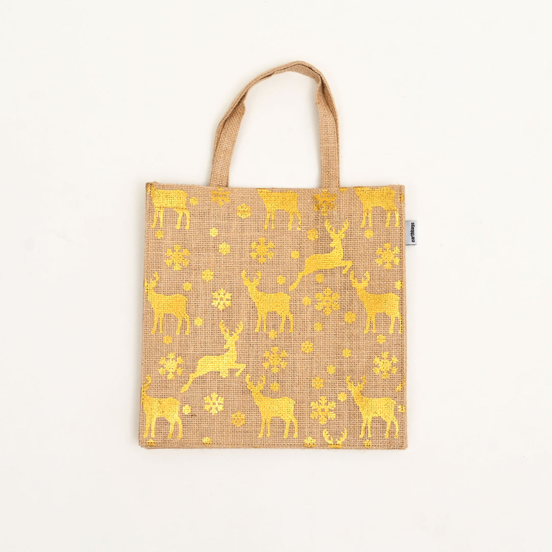Christmas Gift Bag | Laminated Jute Bag with Metalic Print | Natural