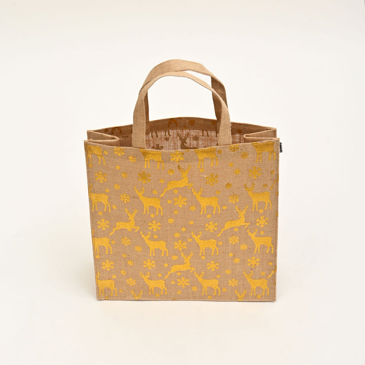 Christmas Gift Bag | Laminated Jute Bag with Metalic Print | Natural