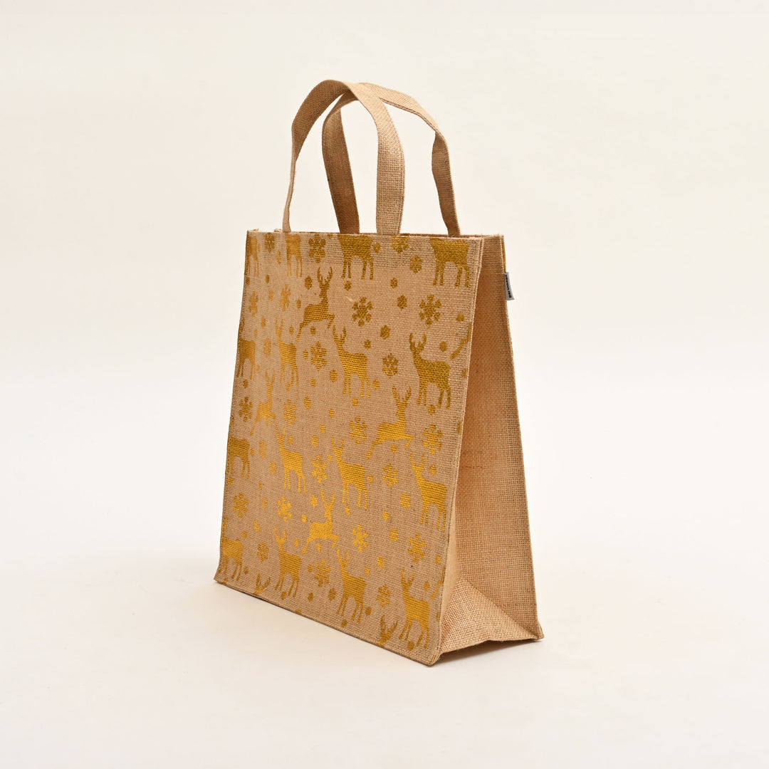 Christmas Gift Bag | Laminated Jute Bag with Metalic Print | Natural