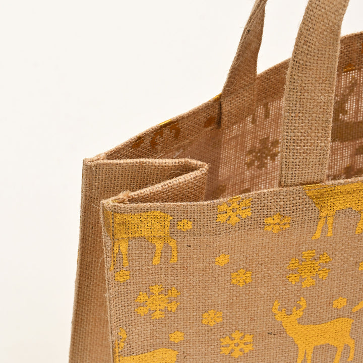 Christmas Gift Bag | Laminated Jute Bag with Metalic Print | Natural