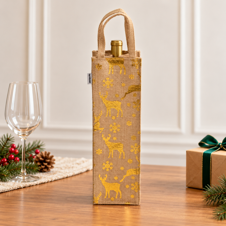 Christmas Gift Bag | Laminated Jute Bag with Metalic Print | Natural