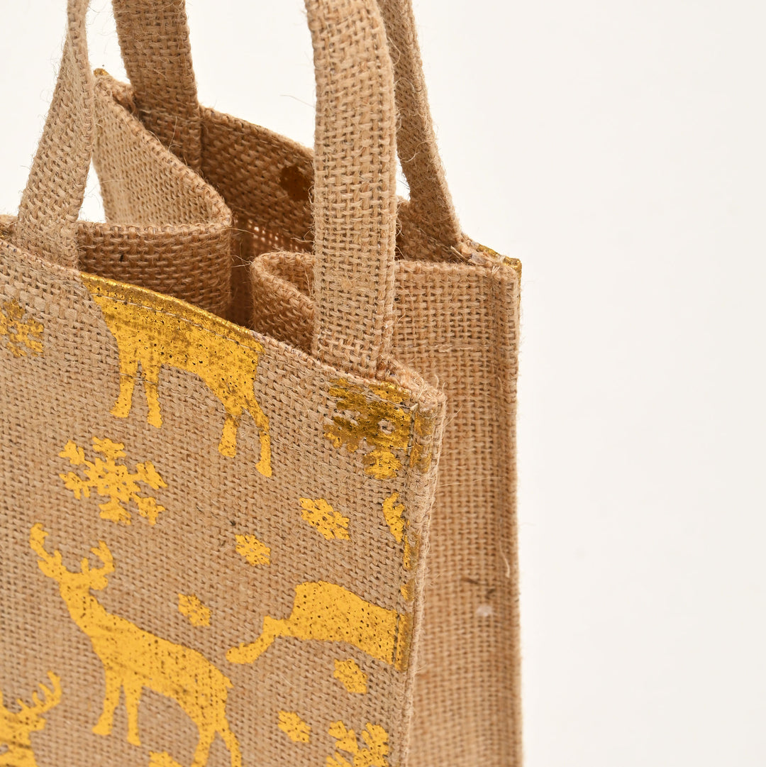 Christmas Gift Bag | Laminated Jute Bag with Metalic Print | Natural