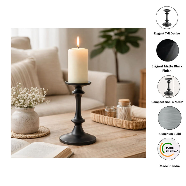 Modern Black Aluminum Candle Holder for Home Decor, 8 Inches