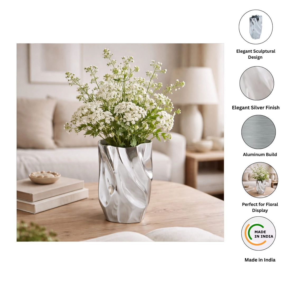 Abstract Silver Aluminum Vase | Fluid Sculptural Décor