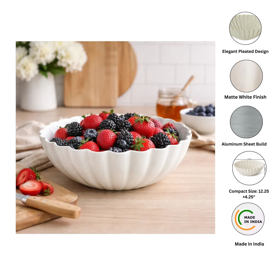 White Ribbed Bowl | Aluminum | Modern Sculptural Accent