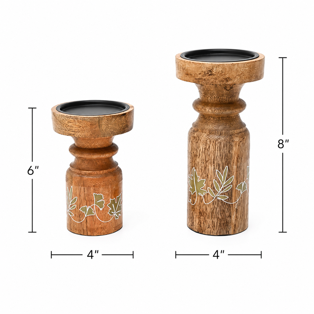 Pillar Candle Holder Set of 2 | Natural Finish | Mango Wood