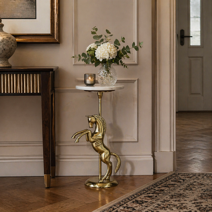 Horse Side Table with White Marble Top | Sculptural Side Table