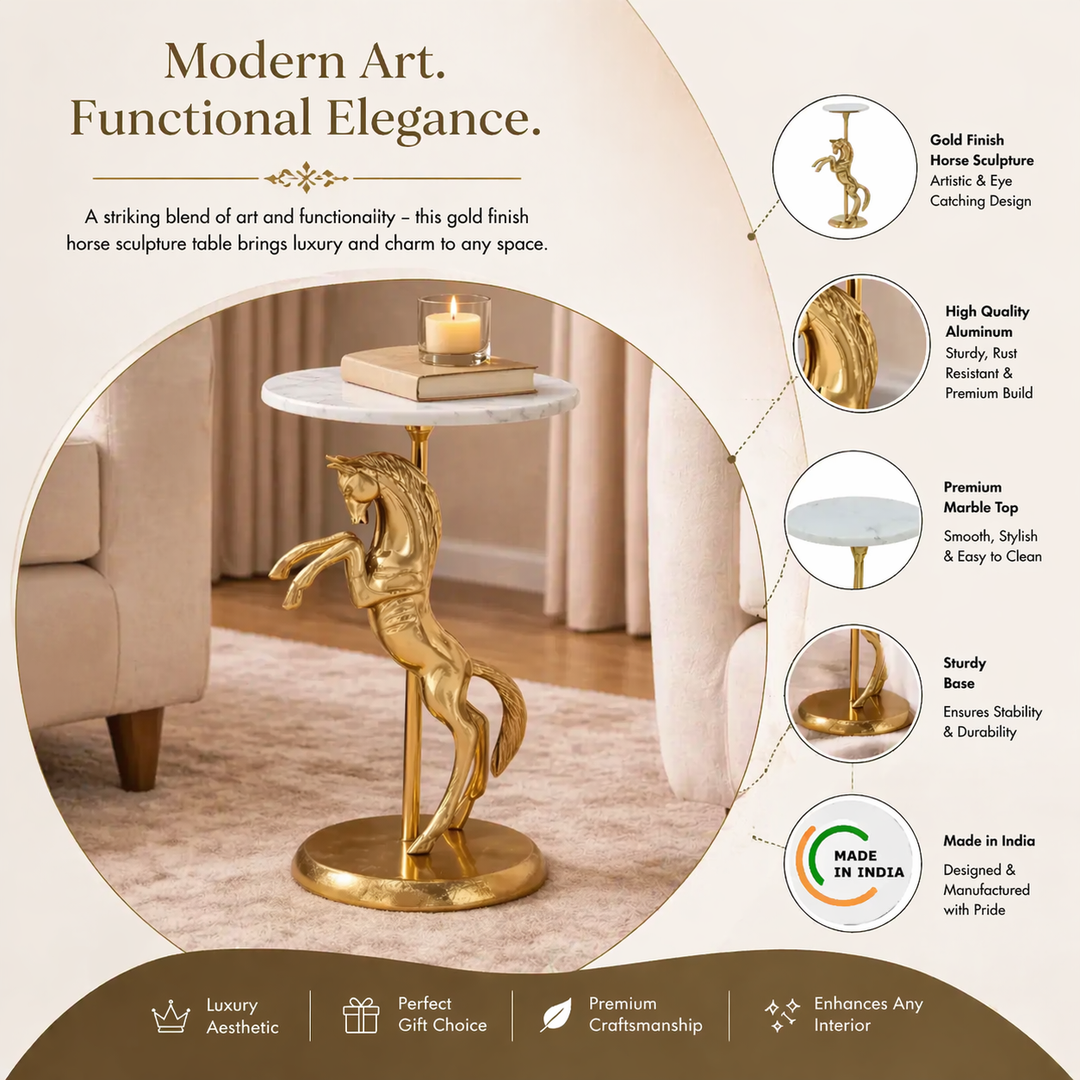 Horse Side Table with White Marble Top | Sculptural Side Table