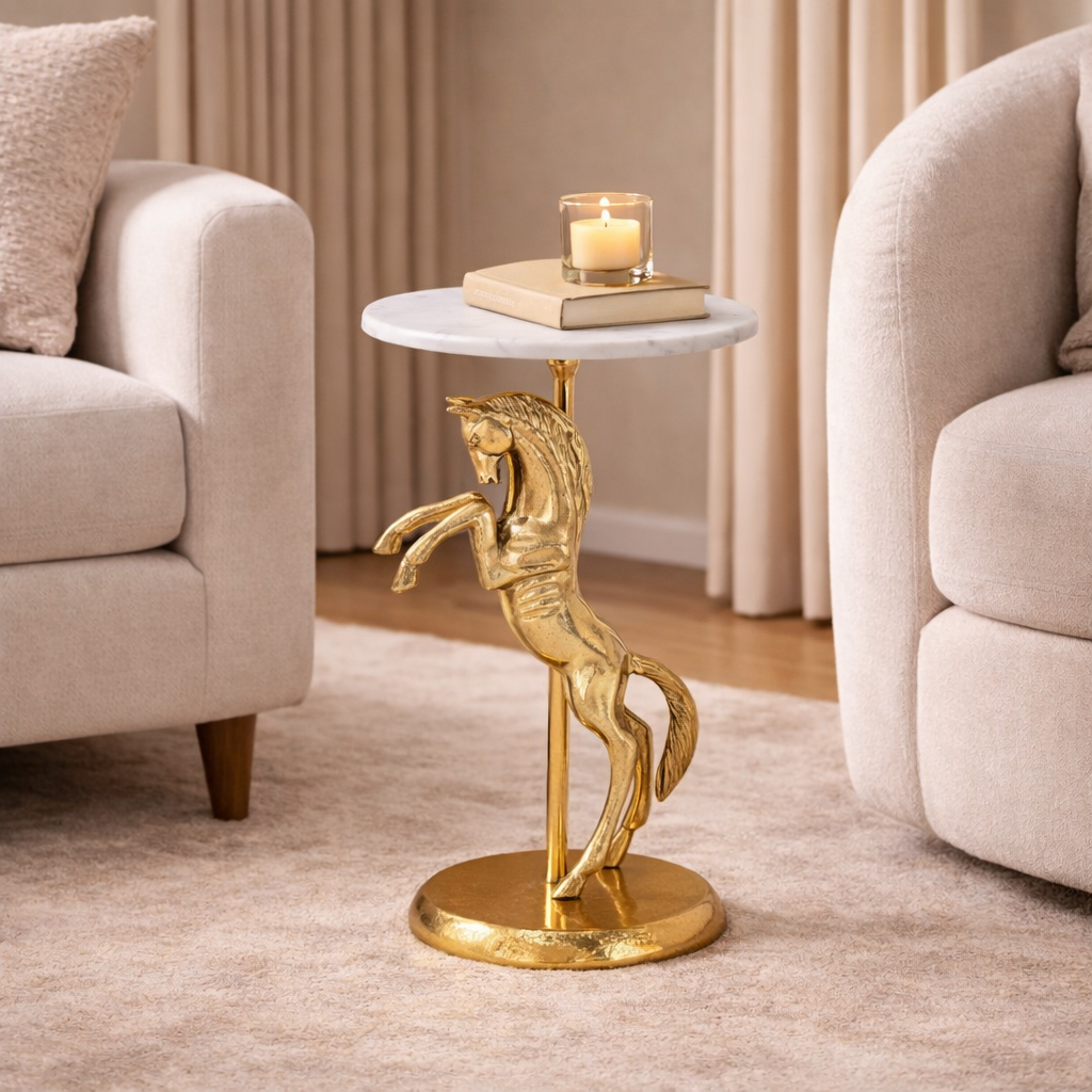 Horse Side Table with White Marble Top | Sculptural Side Table