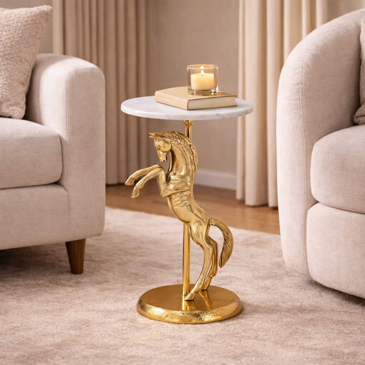 Horse Side Table with White Marble Top | Sculptural Side Table