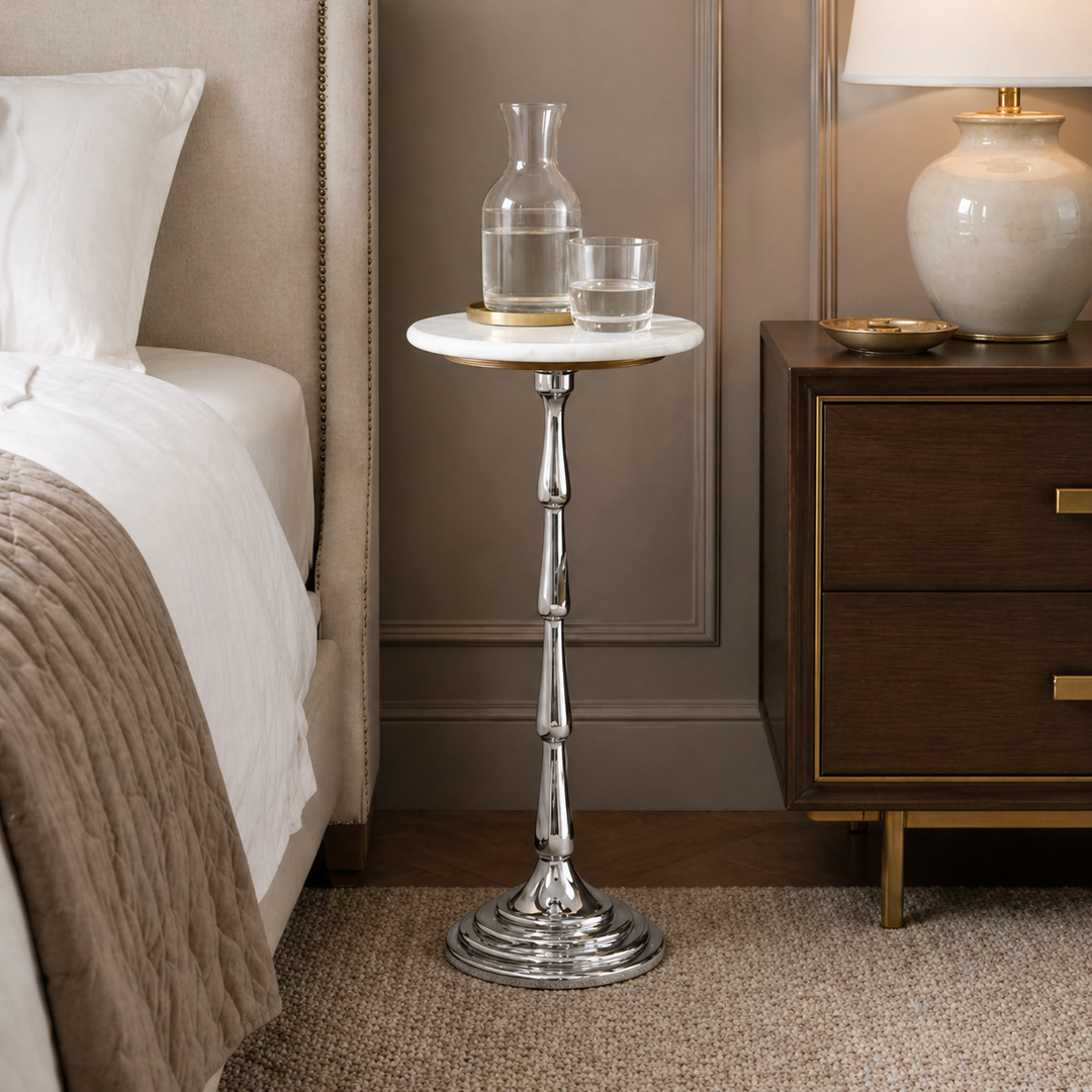 Drink Table with White Marble Top | Aluminum Base