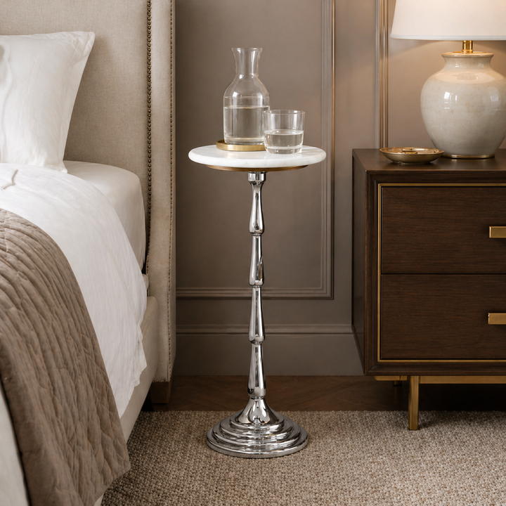 Drink Table with White Marble Top | Aluminum Base