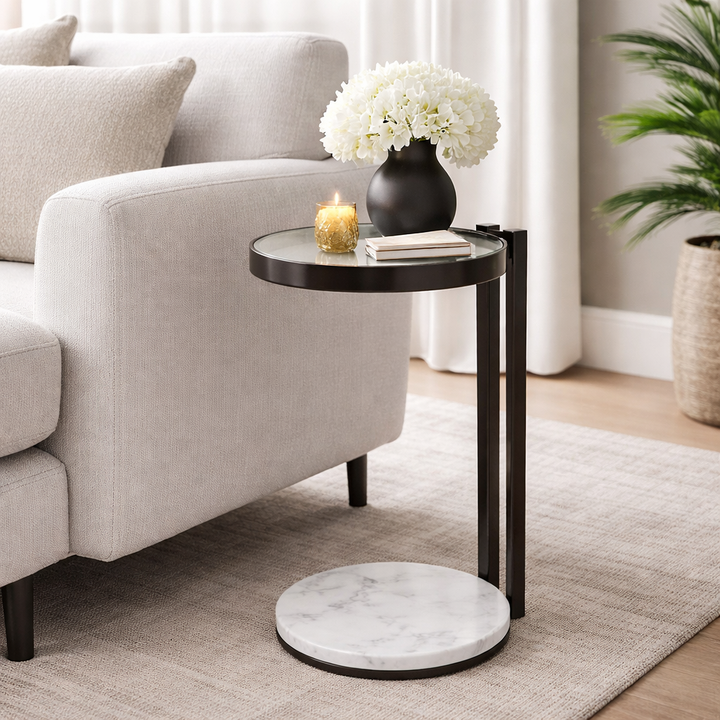 Drink Table with Glass Top & White Marble Base | 10x10x3"