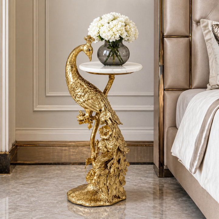 Side Table with Marble Top | Peacock Sculpture Table