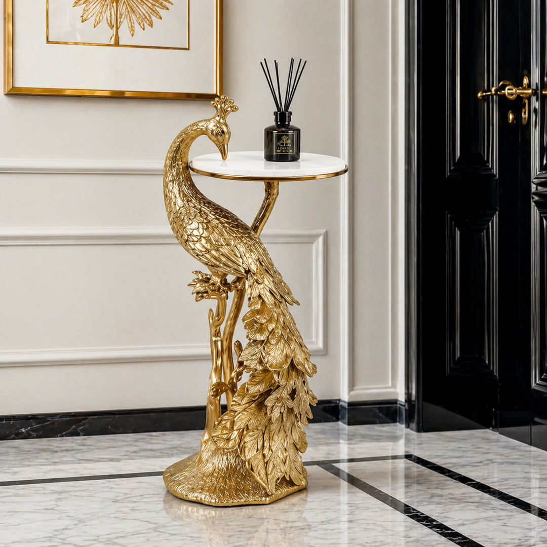 Side Table with Marble Top | Peacock Sculpture Table