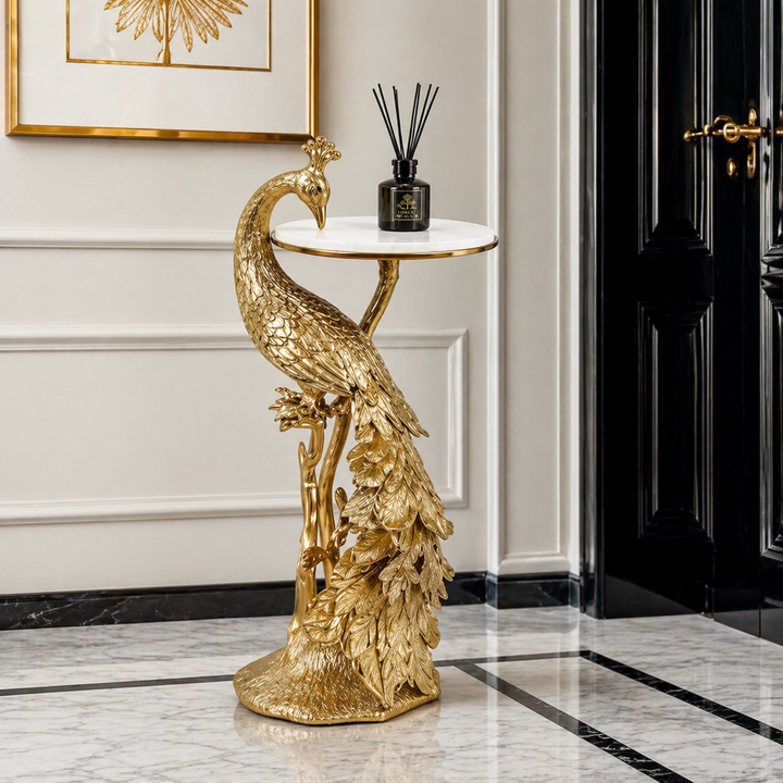 Side Table with Marble Top | Peacock Sculpture Table
