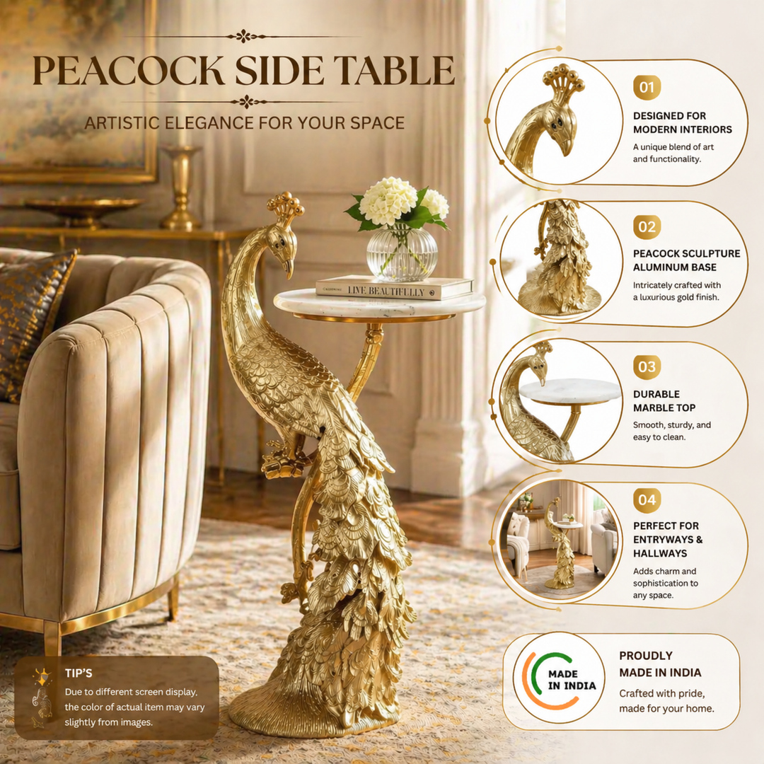 Side Table with Marble Top | Peacock Sculpture Table