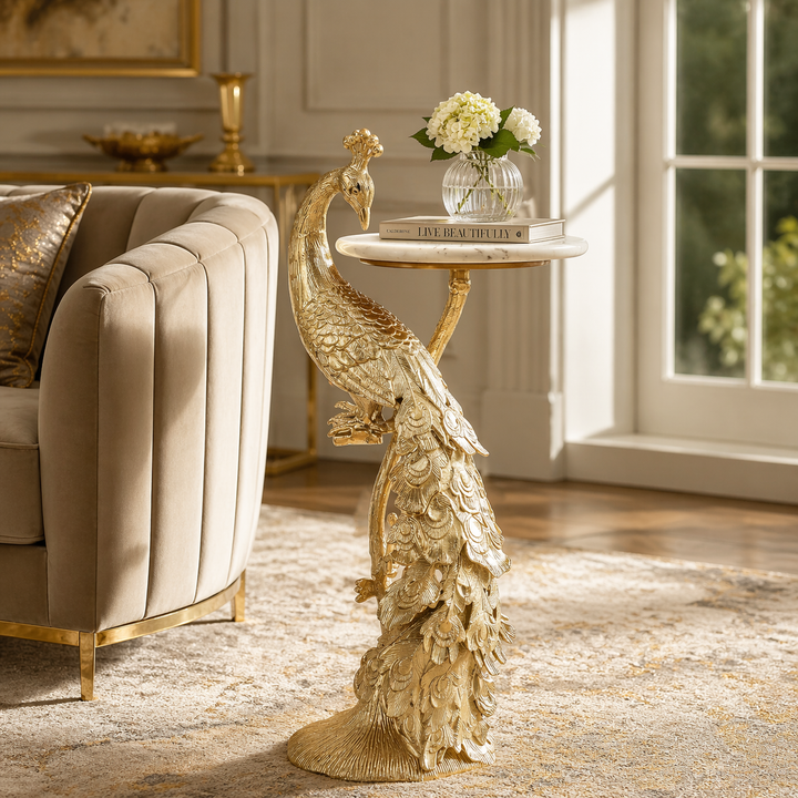 Side Table with Marble Top | Peacock Sculpture Table