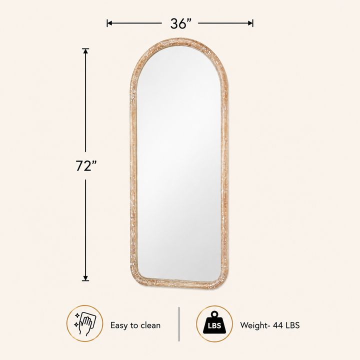 Arched Full Length Wall Mirror with Mango Wood Frame, 36x72"