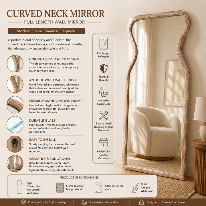 Decorative Full-Length Wall Mirror with Mango Wood Frame, 32X70"