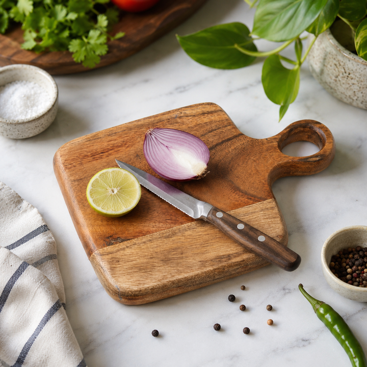 Round Acacia Wood Cutting Board with Handle, 12x0.75x16"