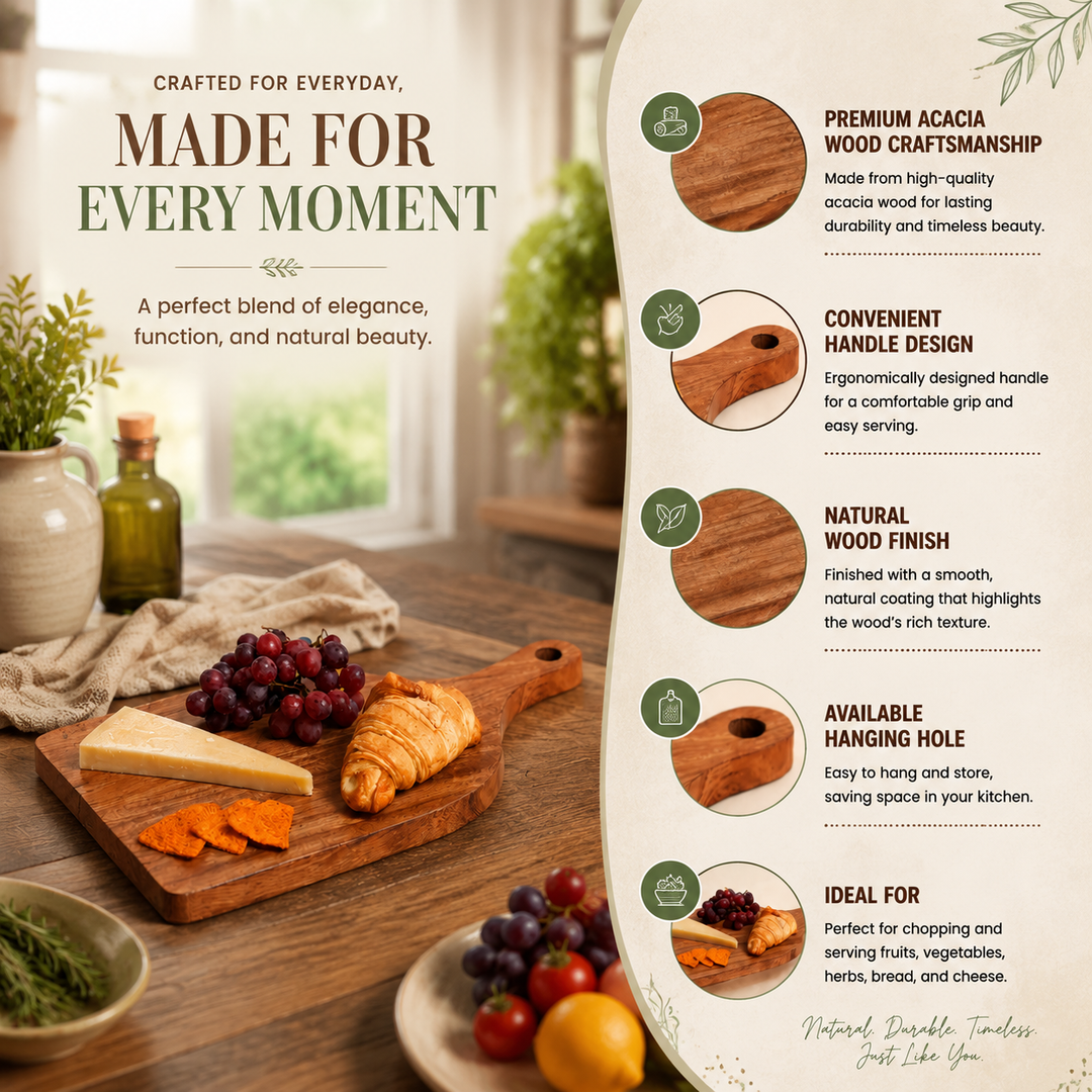 Acacia Wood Cutting Board with Handle, Wooden Chopping Board