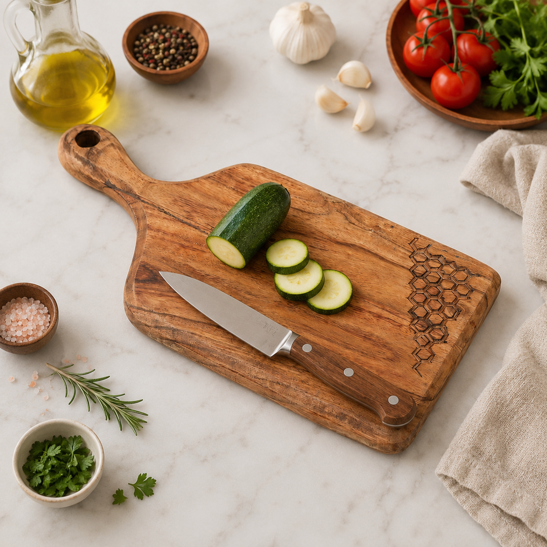 Acacia Wood Handcrafted Chopping Board with Handle, 6.75x14"