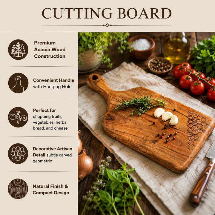 Acacia Wood Handcrafted Chopping Board with Handle, 6.75x14"