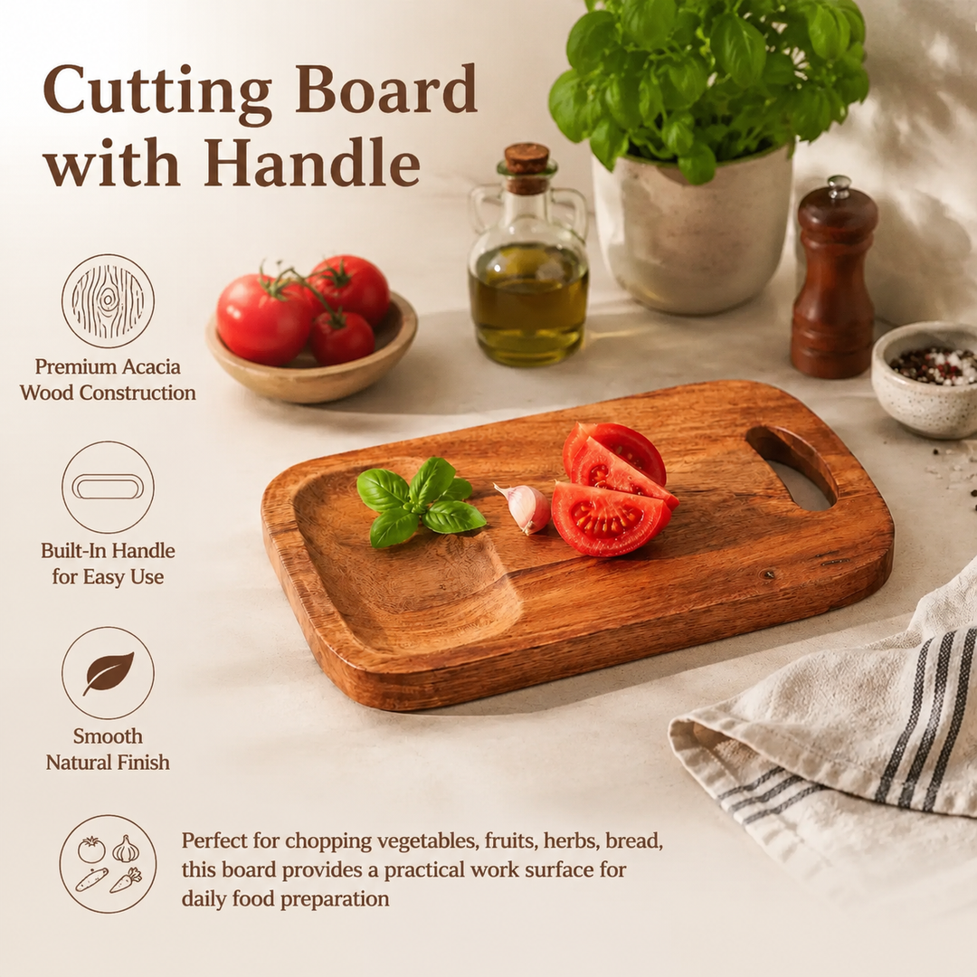 Handmade Acacia Wood Cutting Board with Handle, 7.75x12"