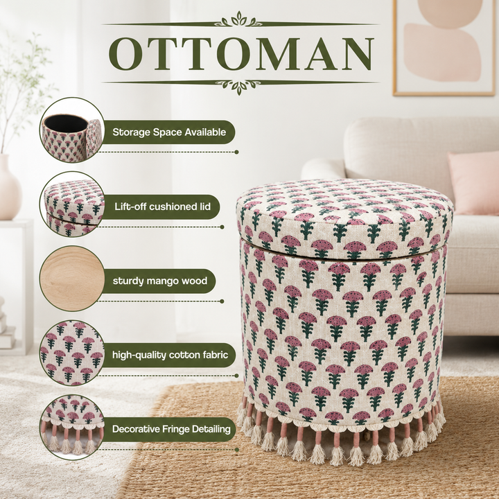 Bohemian Upholstered Ottoman with Hidden Storage, 16x16x18"