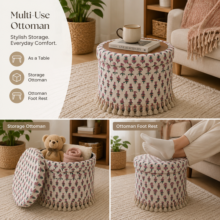Bohemian Upholstered Ottoman with Hidden Storage, 16x16x18"