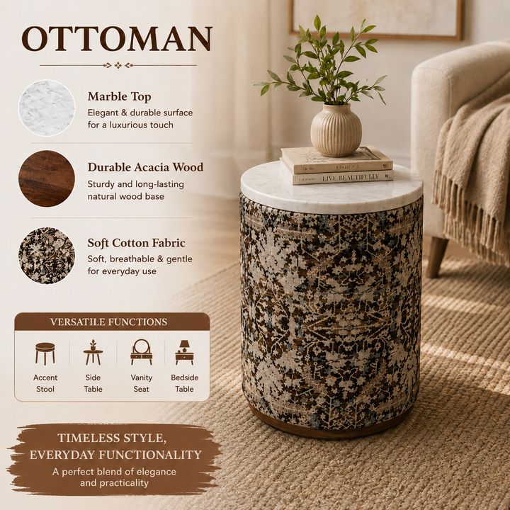 Marble Top Drum Ottoman | 11.5 x 11.5 x 20" |  Accent Stool