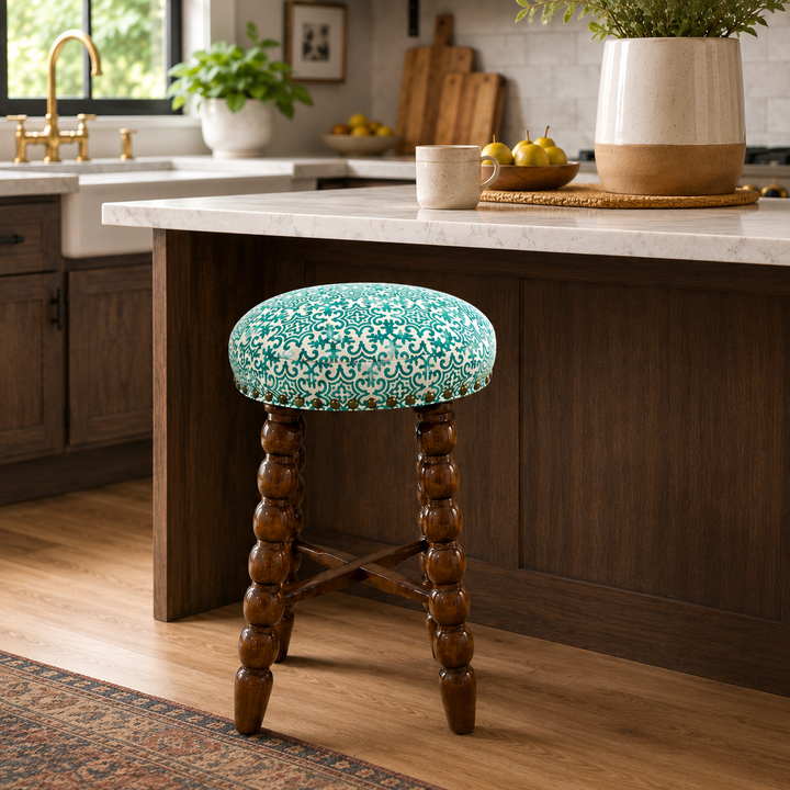 Spindle Upholstered Bar Stool with Solid Acacia Wood