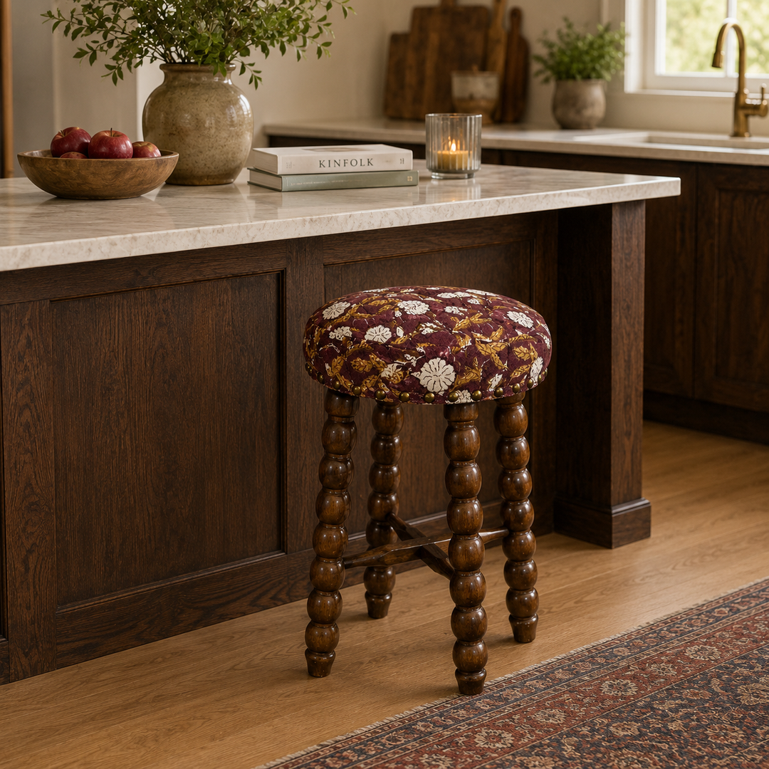 Spindle Upholstered Bar Stool with Solid Acacia Wood