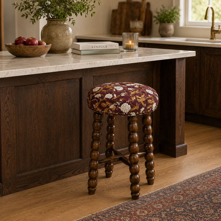 Spindle Upholstered Bar Stool with Solid Acacia Wood